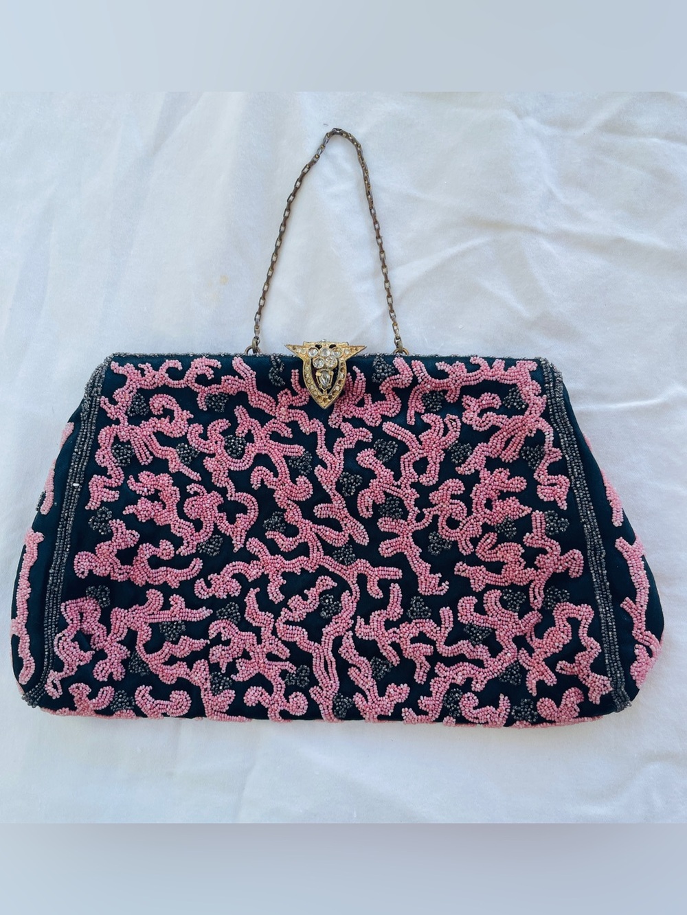 Vintage Pink Black Beaded Evening Purse Jeweled Clasp Satin Lined